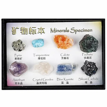 Образцы природной кристаллической руды: 8 видов минералов, необработанные камни, учебные пособия по естественной геологии, пирит, аметист, голубой кристалл 6