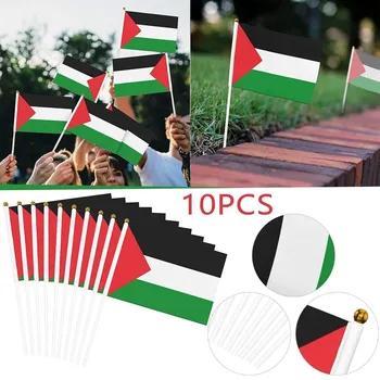10шт Флаг Палестины Маленький с шестом 14x21 см Флаг Палестины, развевающийся вручную, двусторонний для детей и взрослых, украшение для домашнего фестиваля 16