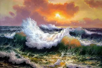 Морской пейзаж, картина маслом, ручная роспись на холсте для домашнего декора, огромные волны на закате с морскими птицами, настенная роспись без рамок 19