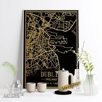 Ирландия Дублин Темный Фон Карта Города Линейный Рисунок Креативный Плакат Идея Подарка На Новоселье Современный Минималистичный Декор Кабинета 12