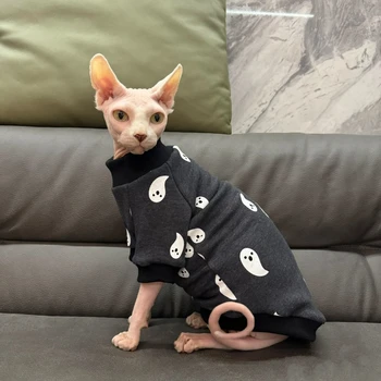 Плотное черное хлопчатобумажное пальто для кошки-Сфинкса, Зимняя мягкая толстовка ghost для котят, Теплая одежда для отдыха для Девон Рексов, Весенняя одежда 19