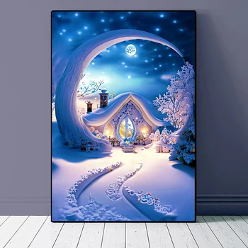 Алмазная живопись Dream Snow House Moon Art Полный квадратный круглый набор для вышивки крестом 5D DIY Вышивка Мозаика Домашний декор 4
