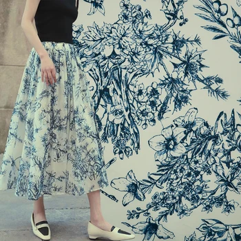 Цветочная цифровая печать синими чернилами на всей хлопчатобумажной ткани дизайнерская одежда модное платье своими руками удобная швейная ткань 3