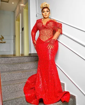 Роскошные Красные вечерние платья Русалки 2023 с прозрачным вырезом, Африканские свадебные платья с длинными рукавами, Нигерийское Женское платье для выпускного вечера