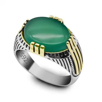 Мужское серебряное мусульманское кольцо оптом из стерлингового серебра 925 пробы, Стильное кольцо с зеленым натуральным агатом 11