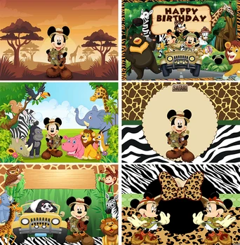 Тематический фон вечеринки с Микки Маусом в джунглях, сафари с Днем рождения, сафари на природе, фон грузовика Микки Мауса для детского дня рождения 21
