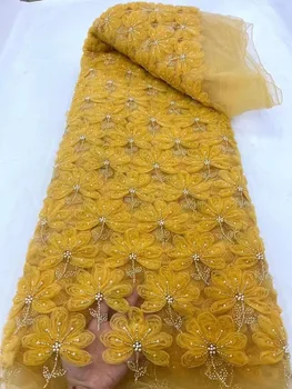 Африканская кружевная ткань 2023 Роскошный Высококачественный Французский 3D цветок Блестки Вышивка бисером Тюлевая кружевная ткань для вечернего платья 5 ярдов