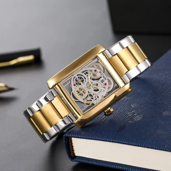Роскошные Мужские часы Мужские Золотые кварцевые наручные часы с полым скелетом, Цельнометаллический ремешок, Прямоугольный Классический Бренд, Часы Делового человека 16