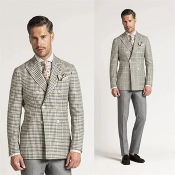 2 предмета (пальто + брюки) Бежевый мужской костюм британского джентльмена в клетку с остроконечным отворотом, деловой двубортный костюм в клетку для отдыха 3