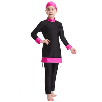 Летняя одежда для плавания с длинными рукавами и высоким воротником для девочек-мусульманок от 3 до 12 лет, одежда для плавания Arab Kids, 3 предмета, полностью закрывающие купальники 4