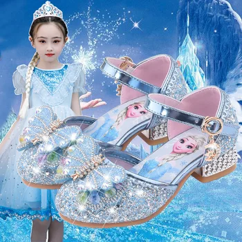 Сандалии для маленьких девочек Elsa Детские детские босоножки на высоком каблуке Детская принцесса из искусственной кожи с кристаллами Детская обувь Обувь для маленьких девочек 23
