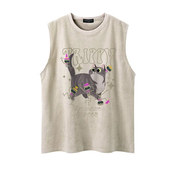 Модный американский ретро жилет с милым кошачьим принтом летний y2k street personality в стиле хип-хоп без рукавов, свободная футболка оверсайз 13
