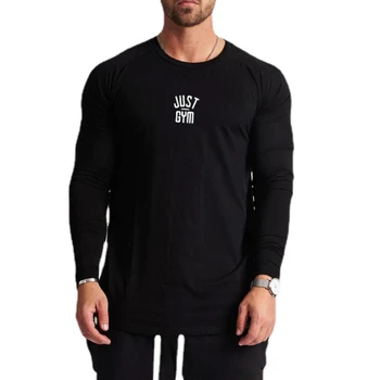 Спортивная футболка для бега с круглым вырезом и буквенным принтом SHARK, мужская осенняя свободная футболка для упражнений с длинными рукавами 14