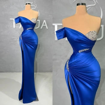 Элегантное вечернее платье Русалки Сапфирово-синего цвета, Атласные платья для выпускного вечера с разрезом кристаллов на одно плечо сбоку, сшитые на заказ 6