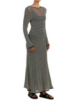 Стильное трикотажное платье в полоску с вырезами для женщин - Идеальное летнее Сетчатое платье-бикини с длинным рукавом на завязках для Пляжного отдыха от 15