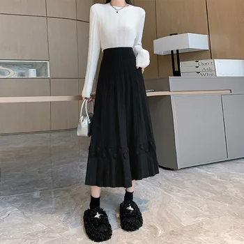 Большой размер, модная Корейская юбка с высокой талией, свободная, средней длины, однотонная, простая Женская трикотажная юбка 21
