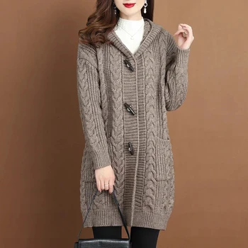 2023 Осень-зима, вязаное пальто большого размера с капюшоном, женский утолщенный кардиган средней длины, женский свитер с большим карманом, вязаная куртка с завихрениями 20