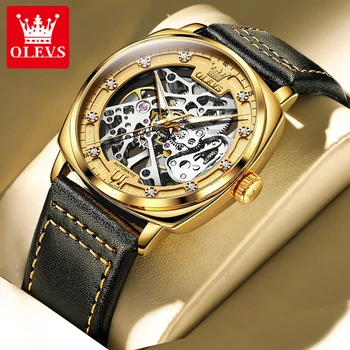 Мужские часы OLEVS Skeleton с автоподзаводом, Оригинальные Механические Часы для Мужчин, Водонепроницаемый Кожаный Ремешок, Светящиеся Наручные часы Tonneau 20