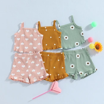 Модные Летние комплекты одежды для новорожденных девочек, трикотажные топы без рукавов с рисунком в виде сердца/цветочным принтом + шорты с оборками, наряды 3