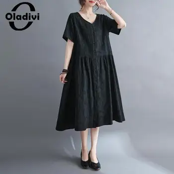 Oladivi, модное женское платье Миди большого размера с коротким рукавом, 2023, Летние повседневные Свободные платья, Винтажная женская одежда большого размера 2337 23