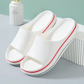 Летние женские тапочки из ЭВА с мягкой подошвой, нескользящие тапочки для ванной, повседневные пляжные тапочки, модные ползунки на платформе в полоску, обувь 8