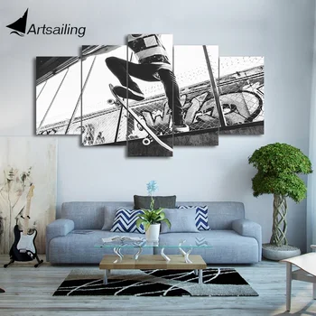 Холст с HD-принтом из 5 предметов, картина для скейтборда, черно-белая картина, настенные панно для гостиной, Бесплатная доставка CU-1810B 22