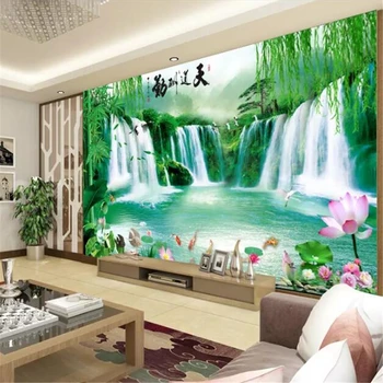 Пользовательские обои 3d фреска небесные награды водопад бамбук лист лотоса банановый журавль гостиная спальня папье-маше 3d обои 14