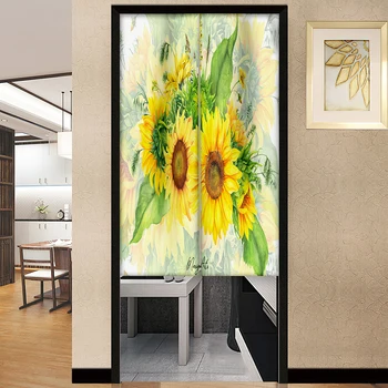 Букет природных цветов, Подсолнухи, Художественная дверная занавеска, занавески для перегородок в кухне, столовой, на входе в ресторан Висит полупрозрачная занавеска