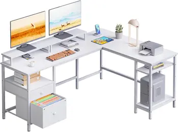 Furologee Белый 66-дюймовый L-образный письменный стол с полками, реверсивным угловым ящиком для компьютерных файлов и подставкой для двух мониторов, большой Домашний компьютер 10