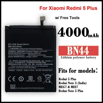  Качественный аккумулятор BN44 емкостью 4000 мАч для Xiaomi Redmi 5 Plus, высококачественные сменные батареи для телефона BN44 + инструменты 22