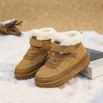 Обувь с высоким берцем для учащихся начальной школы, зима 2023, теплая хлопчатобумажная обувь с утолщением шерсти, нескользящие и холодные зимние ботинки 2