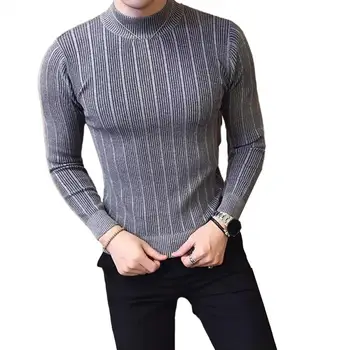 Осенний мужской свитер с полувысоким воротником, Вязаный Эластичный Однотонный пуловер в полоску с длинным рукавом, Мужской свитер с нижним верхом 9