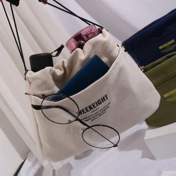 Повседневная холщовая сумка, простая практичная сумка для хранения, портативная косметичка с завязками, сумки с буквенным принтом, сумки через плечо для покупателей. 13