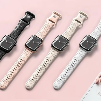 Силиконовый Ремешок Для Apple Watch Band 45 мм 44 мм 41 мм 40 мм 42 мм 49 мм Браслет С Цветочной Гравировкой Correa Series 8 9 7 Ultra 2 SE bands