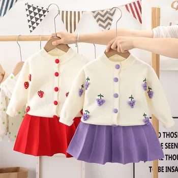 Весенне-осенние комплекты одежды для маленьких девочек, милый вязаный свитер с цветами винограда и клубники + юбка, 2 предмета, костюмы для маленьких принцесс от 1 до 6 лет