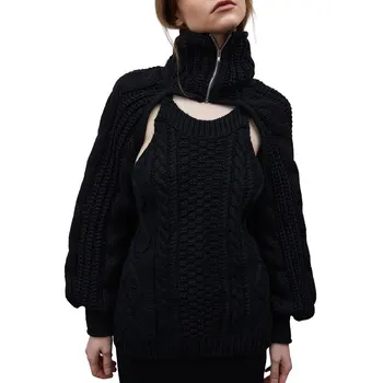 Женский вязаный свитер с высоким воротом, осенний кардиган с длинным рукавом и открытой передней молнией, укороченные топы 18