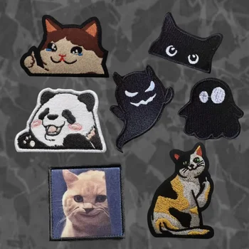 Забавный значок морального духа кота-Темного призрака, Нарукавная повязка с вышивкой в виде кошачьего выражения, нашивка с милой пандой, рюкзак с тактическими наклейками