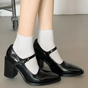 2024 Высококачественные женские туфли Mary Jane на квадратном каблуке, весна-лето, острый носок, уличная однотонная модная женская обувь 11