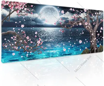 Розовый Коврик Для Мыши Cherry Blossom XL Sakura Blue Ocean Moon Большой Настольный Коврик С Нескользящей Резиновой Основой, Прошитый по краю, Коврик для Ноутбука 5