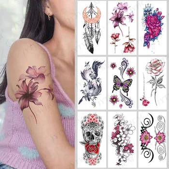 Цветочные Временные Татуировки Наклейки Поддельное Искусство Женская Девушка Большая Рука Сова Дизайн Татуировки Полный 3D Кружева Роза Цветочная Линия Татуировки Лотоса 8