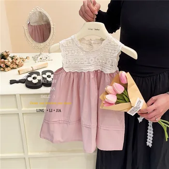 Детские комплекты, Розовый жилет в стиле принцессы с кружевной вышивкой для девочек, Летняя Детская Корейская одежда без рукавов с вырезами 7