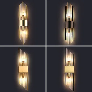 Светодиодный настенный светильник из прозрачного хрусталя, лампа E14, настенные светильники из нержавеющей стали для фойе, спальни, прохода, столовой, золотые, черные бра 15