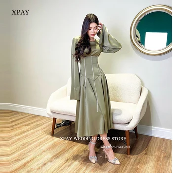 XPAY Простые шелковые арабские женские платья армейского зеленого цвета с пышными длинными рукавами и украшенным драгоценностями вырезом, Съемный корсет Чайной длины Vestido 3