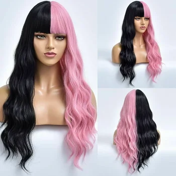 Длинные волнистые синтетические парики, наполовину черные, розовые, для косплея, из натурального волокна, женские повседневные волосы 11