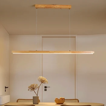 Деревянная люстра для столовой, простые современные минималистичные линии, скандинавский обеденный стол, креативная барная стойка, лампы с длинной полосой 17