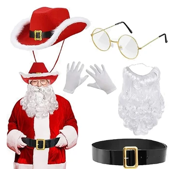 5 Штук Ковбойской шляпы Санта-Клауса, набора для косплея Санта-Клауса, пояса Санта-Клауса, золотых очков, бороды, перчаток для костюма для Рождественской вечеринки. 16