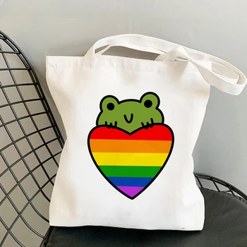 Женская сумка для покупок Rainbow Pride Flag Frog ЛГБТ-сумка Harajuku для покупок, холщовая сумка для покупок, женская сумка-тоут, женская сумка через плечо 21