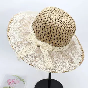Вязаная крючком праздничная складная солнцезащитная женская пляжная кепка с широкими полями, соломенные шляпы, солнцезащитные шляпы с кружевной стороной 12