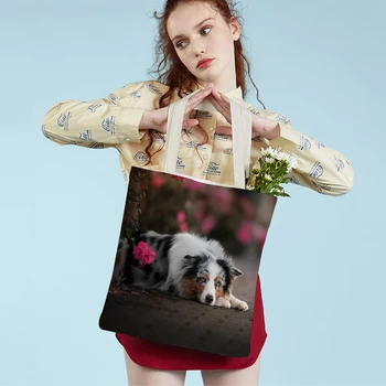 Повседневная сумка для шотландской бордер-колли с двойным принтом для женщин, многоразовая модная холщовая студенческая сумка для покупок с милыми животными 17
