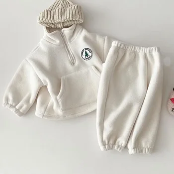 Комплекты одежды для маленьких мальчиков, детская утепленная толстовка, детская одежда, однотонные хлопковые пуловеры с длинными рукавами для девочек, топы + брючные костюмы, 2 шт. 12